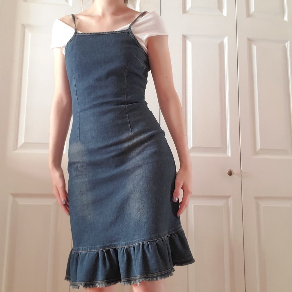 Vintage 90's Garage faded denim spaghetti straps ruffled hem dress / ruffles